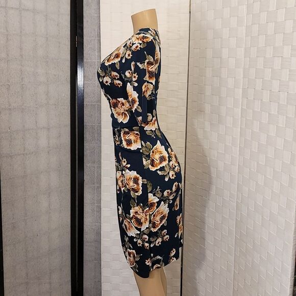 BRAND NEW CONNECTED APPAREL FLORAL COLORBLOCK RUCHED SIDE DESIGN 3/SLEEVE DRESS - Picture 9 of 15